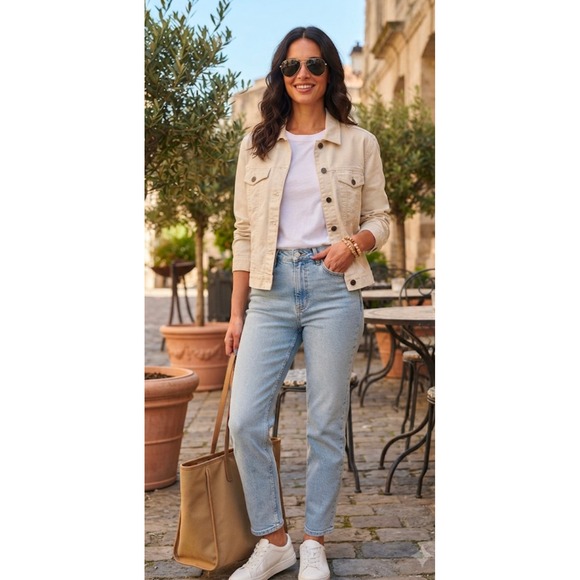 Jessi Lee Jackets & Blazers - Jessi Lee Linen Cotton Blend Button Front Trucker Jacket Cream Beige Medium